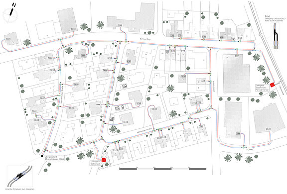 Bild 3: Wärmenetz in einem Stadtteil mit zwei Heizzentralen und Vermaschung (Quelle: REHAU)