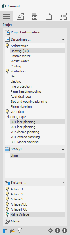 Fig. 7: The selection of discipline and planning type determines the functions offered in the following tabs. This means you always have exactly the right tools at hand for the selected workflow.